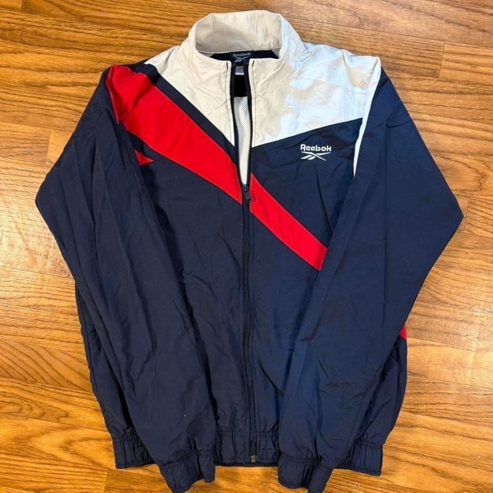 Vintage Reebok Windbreaker Jacket Mens Small Navy Red White Full Zip Retro
